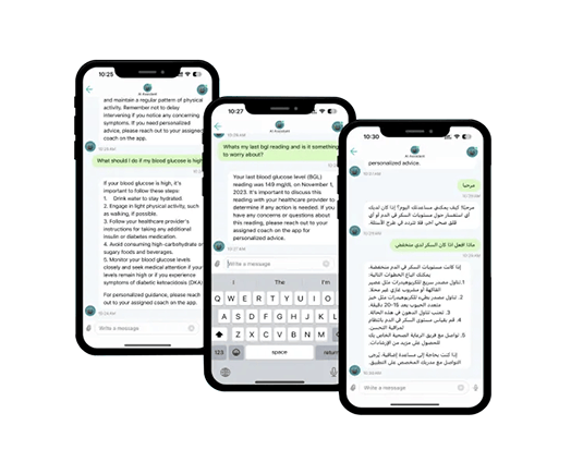 Three smartphones showcasing AI-driven chat conversations.